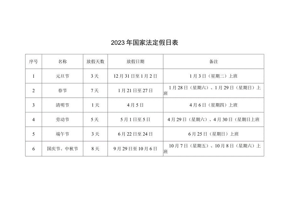 2023年国家法定假日表.docx_第1页