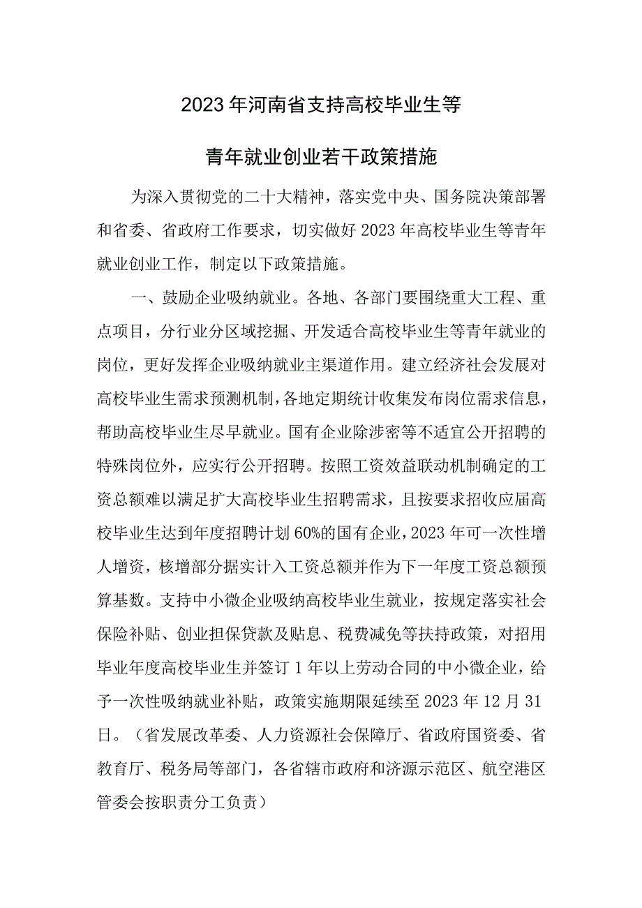 2023年河南省支持高校毕业生等青年就业创业若干政策措施.docx_第1页