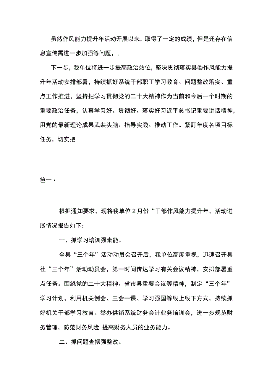 2篇 2023年月度干部作风能力提升年活动进展情况的报告精选.docx_第3页