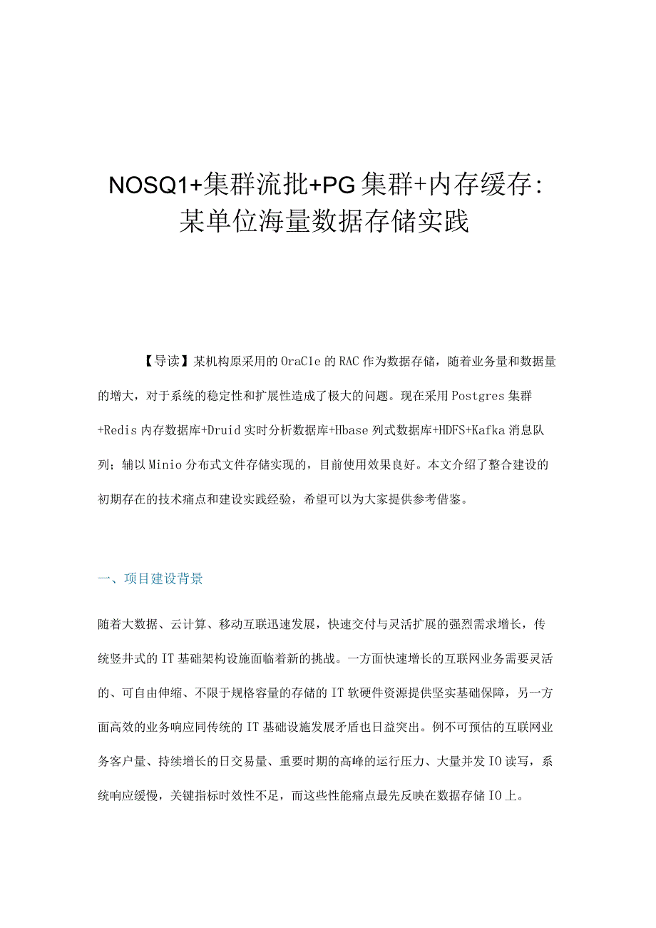 NoSQL集群流批PG集群内存缓存海量数据存储实践.docx_第1页