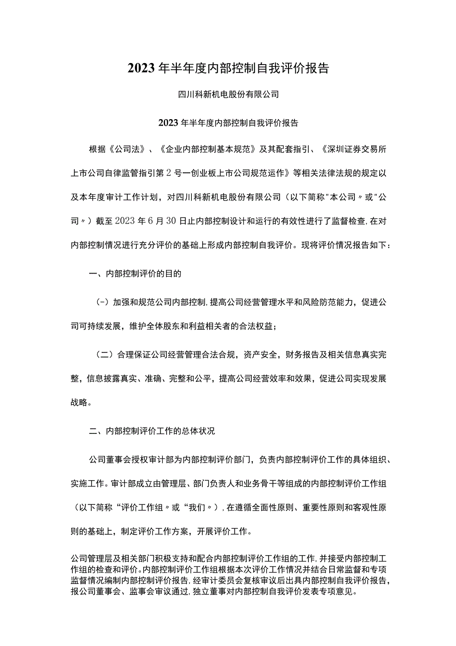 2023年半年度内部控制自我评价报告.docx_第1页