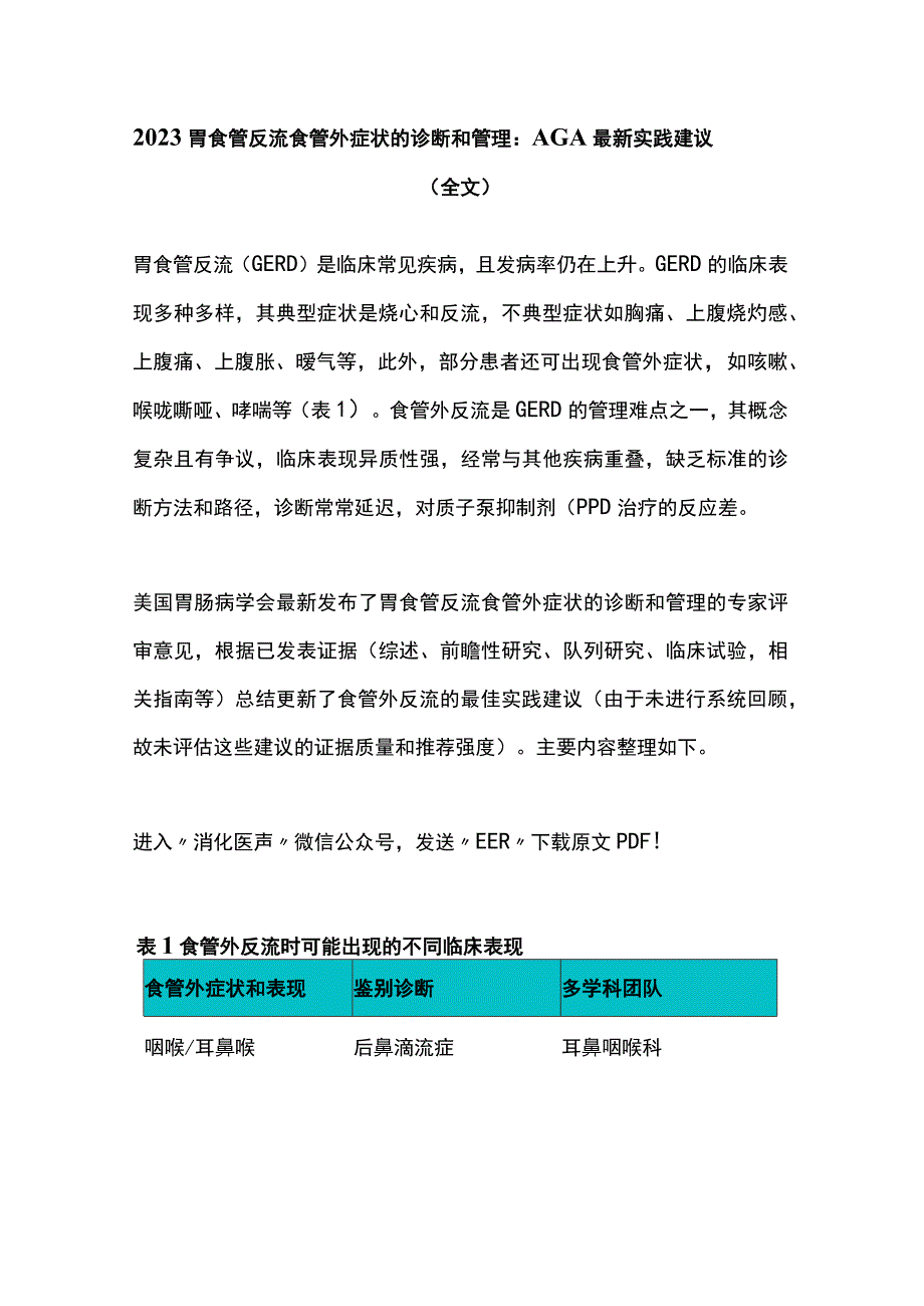 2023胃食管反流食管外症状的诊断和管理：AGA最新实践建议全文.docx_第1页