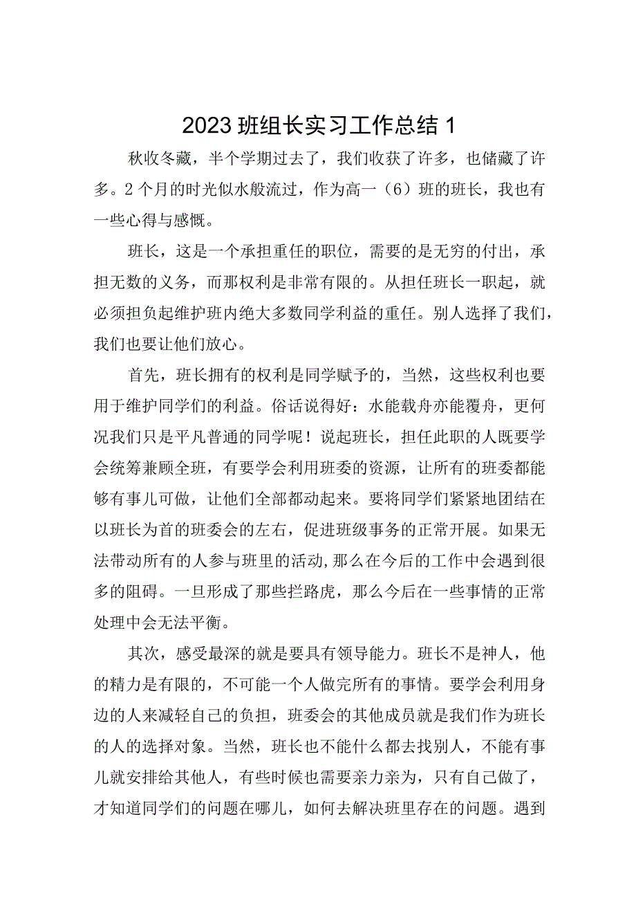 2023班组长实习工作总结5篇.docx_第1页