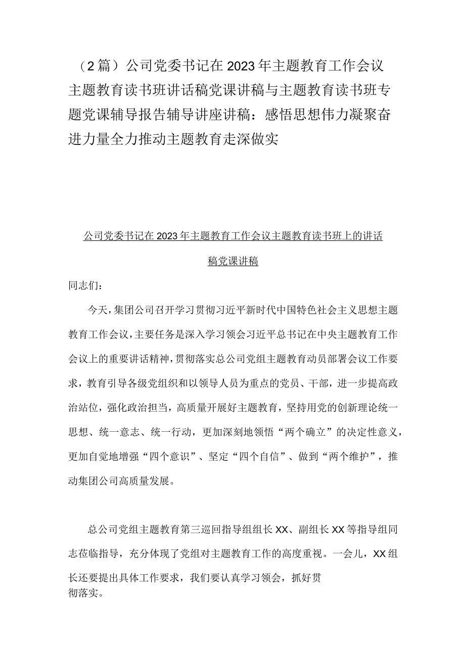 2篇公司党委书记在2023年主题教育工作会议主题教育读书班讲话稿党课讲稿与主题教育读书班专题党课辅导报告辅导讲座讲稿：感悟思想伟力凝聚.docx_第1页