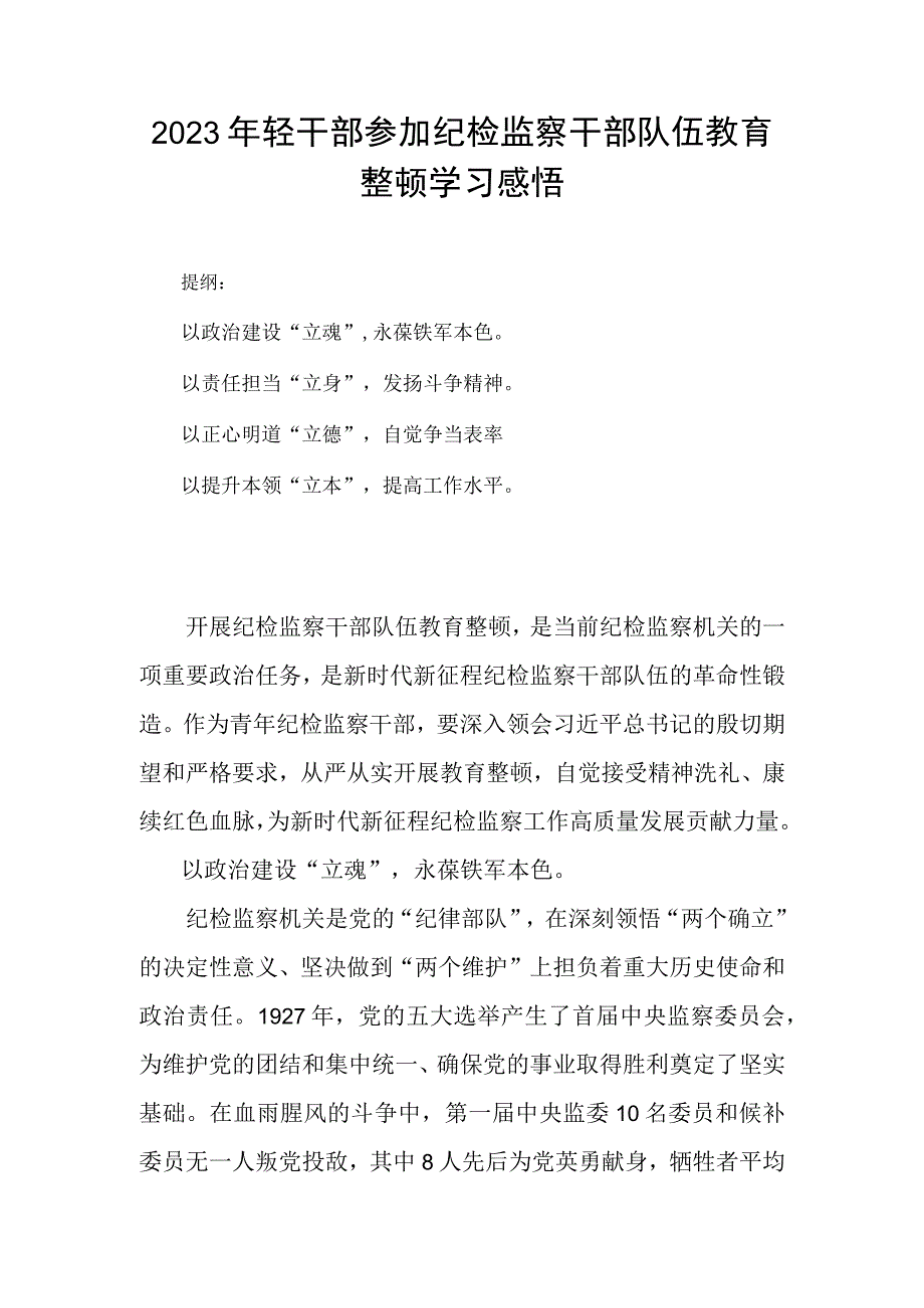 2023年轻干部参加纪检监察干部队伍教育整顿学习感悟.docx_第1页