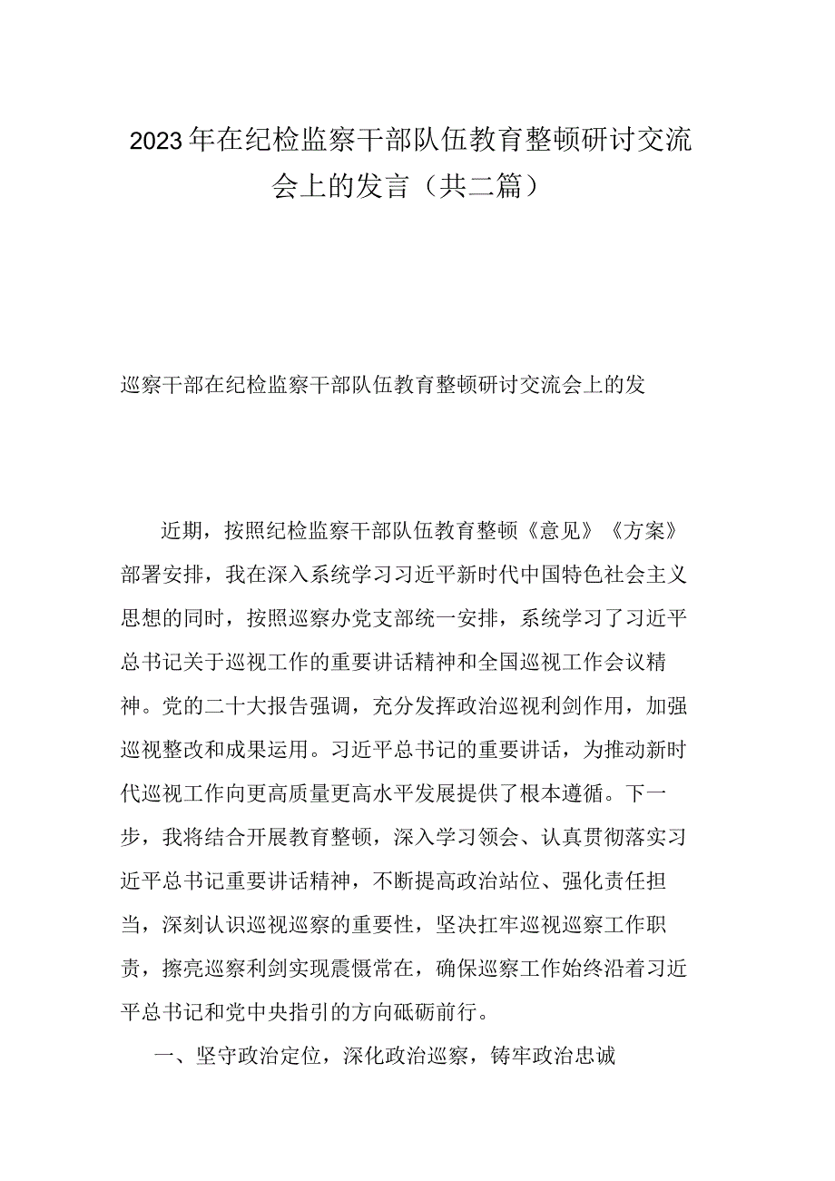 2023年在纪检监察干部队伍教育整顿研讨交流会上的发言共二篇.docx_第1页