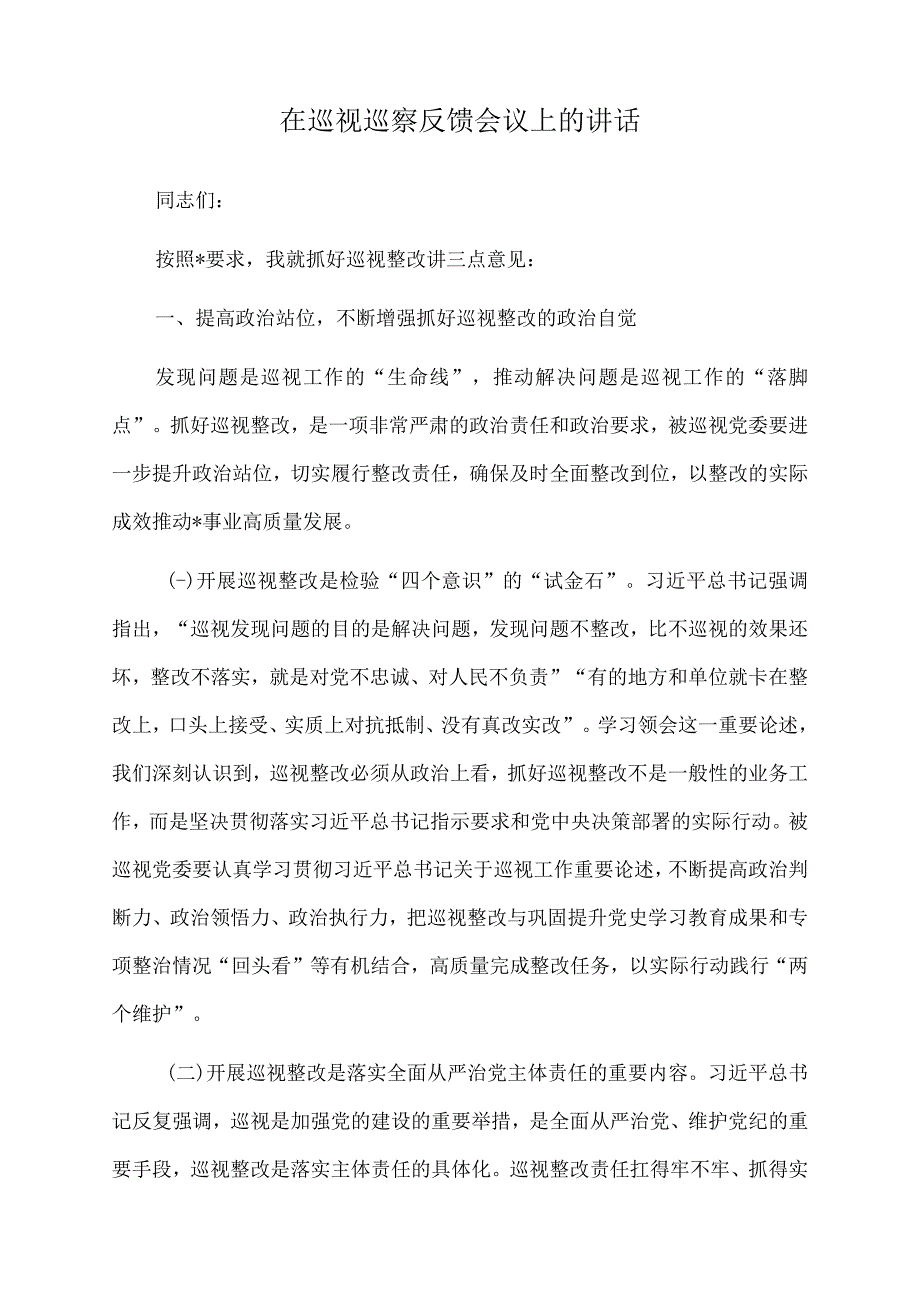 2023年在巡视巡察反馈会议上的讲话.docx_第1页