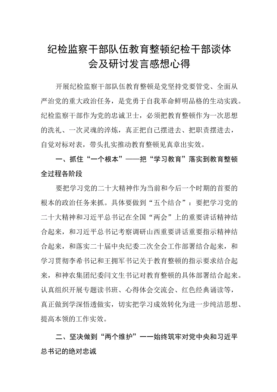 2023纪检监察干部队伍教育整顿纪检干部谈体会及研讨发言感想心得参考范文三篇.docx_第1页