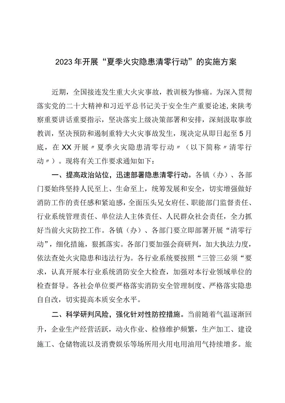 2023年开展夏季火灾隐患清零行动的实施方案.docx_第1页