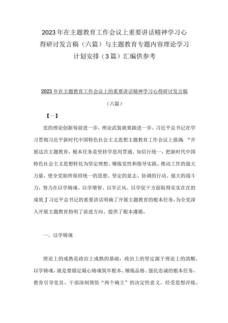 2023年在主题教育工作会议上重要讲话精神学习心得研讨发言稿六篇与主题教育专题内容理论学习计划安排3篇汇编供参考.docx_第1页