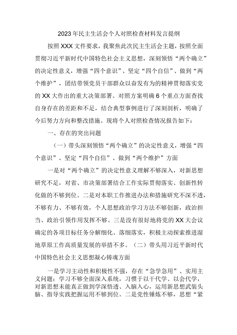 2023年民主生活会个人对照检查材料发言提纲.docx_第1页