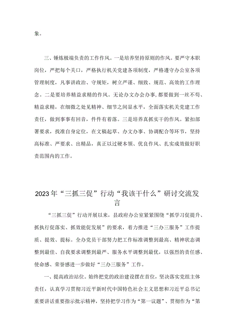 4篇范文：2023年三抓三促行动我该干什么研讨交流发言稿.docx_第2页