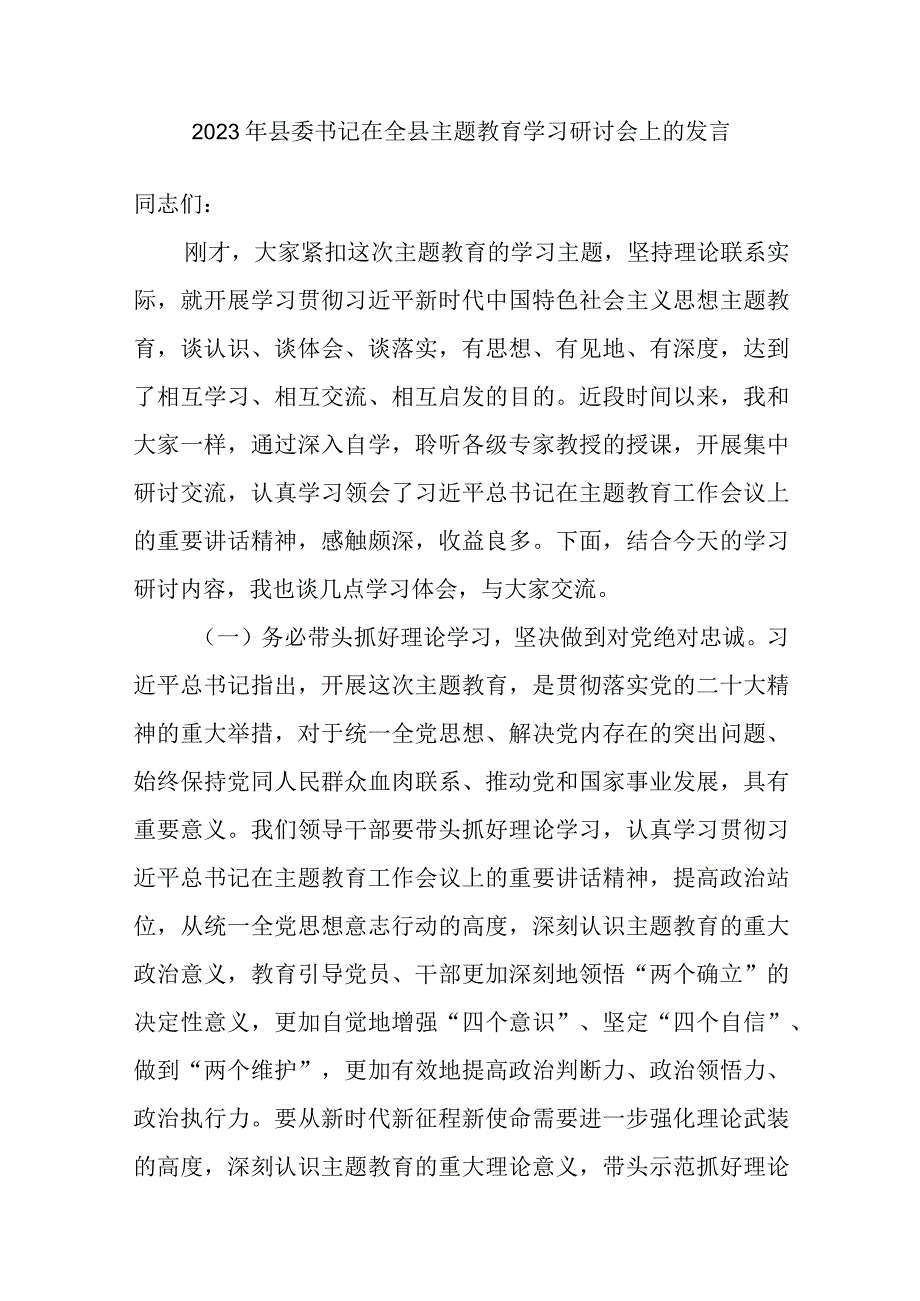 2023年县委书记在全县主题教育学习研讨会上的发言讲话.docx_第1页