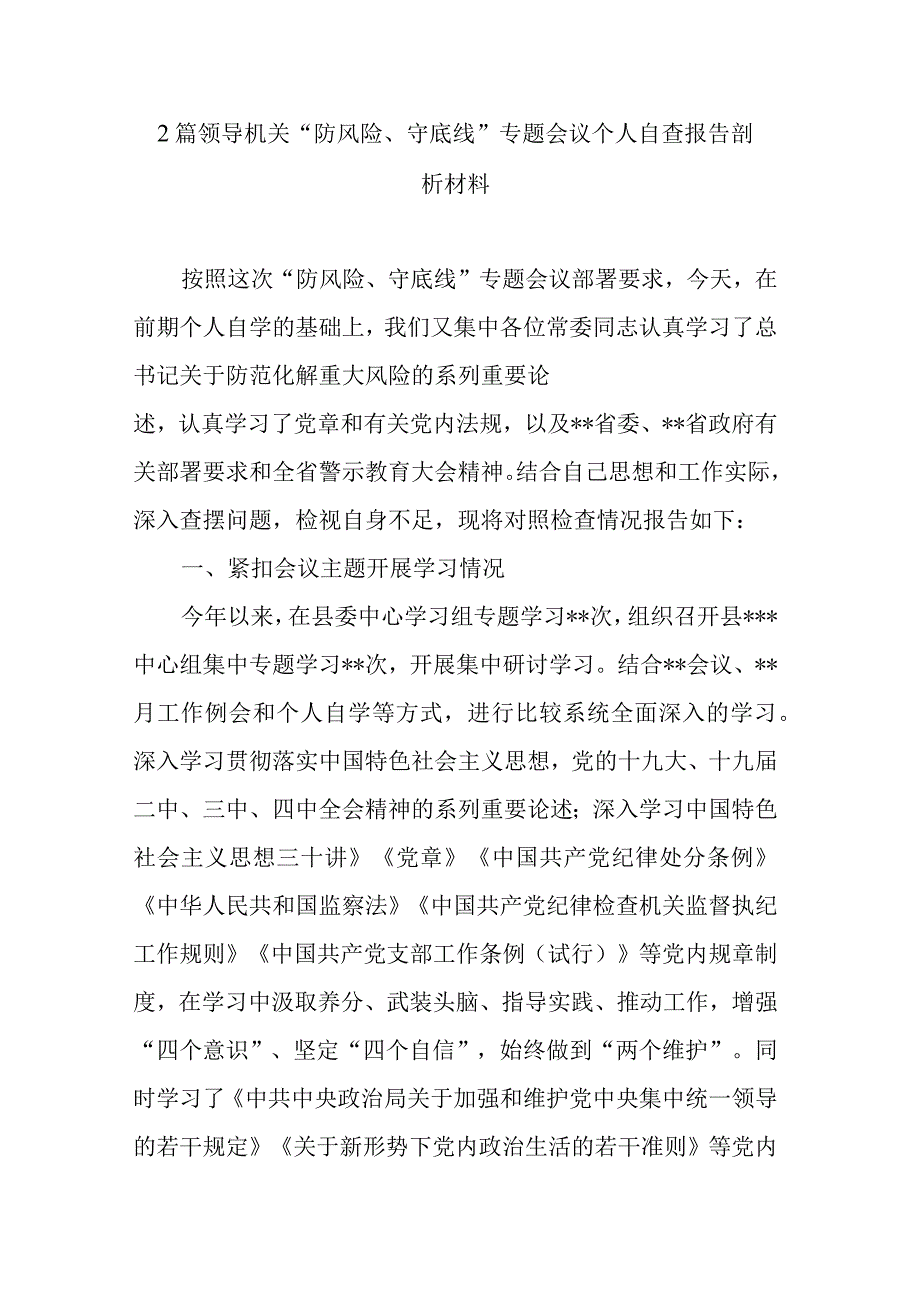 2篇2023领导机关防风险守底线专题会议个人自查报告剖析材料.docx_第1页