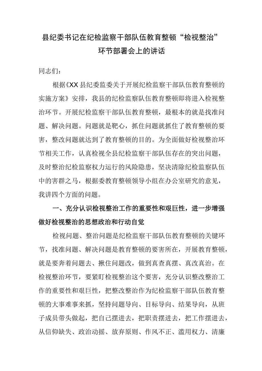 2023年某县纪委书记在纪检监察干部队伍教育整顿检视整治环节部署会上的讲话发言和党课讲稿.docx_第2页