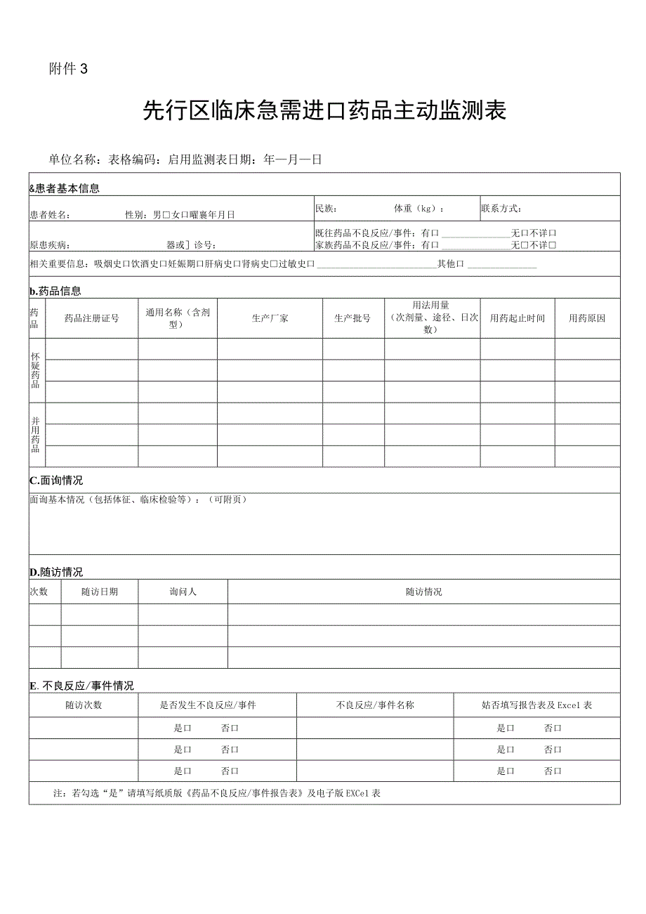 43附件3 先行区临床急需进口药品主动监测表.docx_第1页