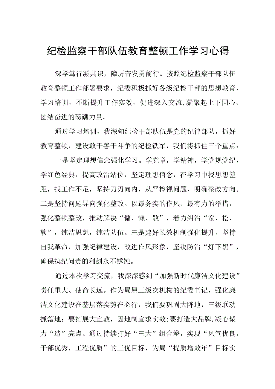 2023纪检监察干部队伍教育整顿工作学习心得参考范文三篇.docx_第1页