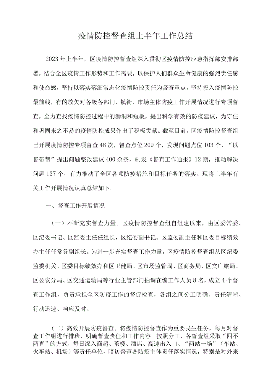 2023年疫情防控督查组上半年工作总结.docx_第1页