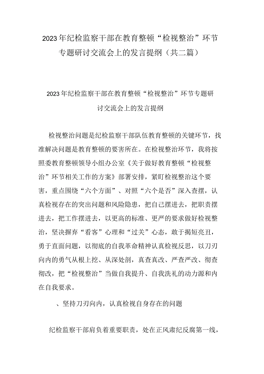 2023年纪检监察干部在教育整顿检视整治环节专题研讨交流会上的发言提纲共二篇.docx_第1页