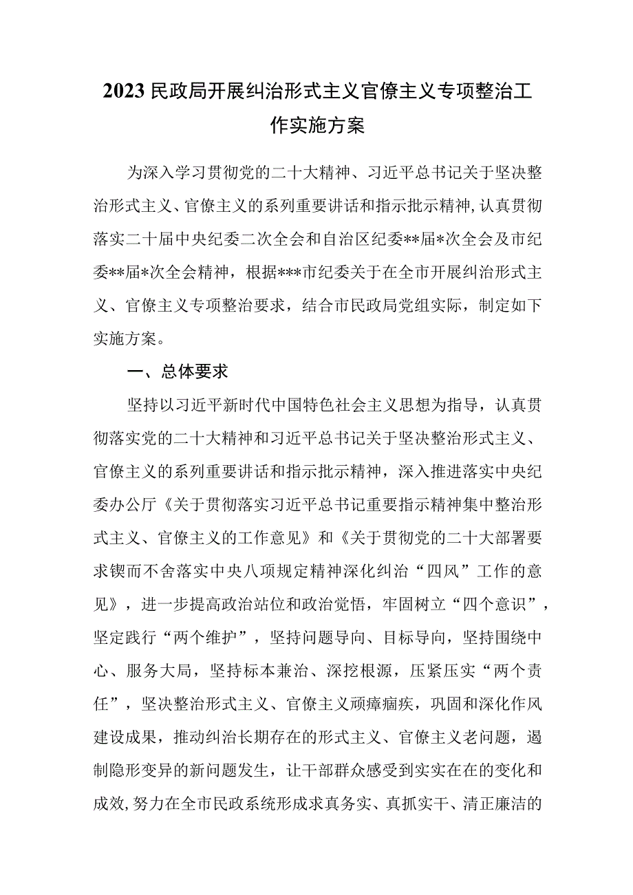 2023民政局开展纠治形式主义官僚主义专项整治工作实施方案.docx_第1页