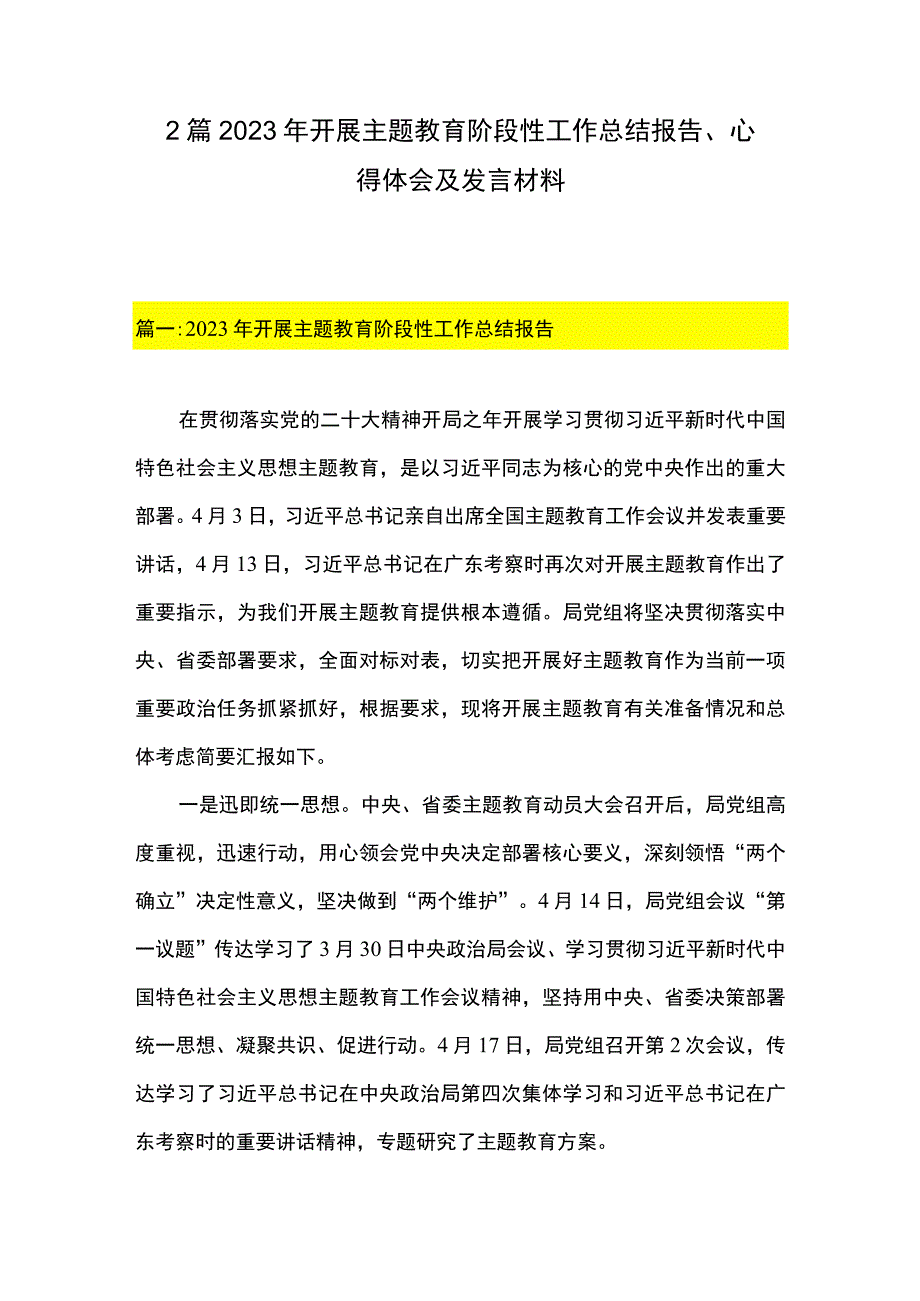 2篇 2023 年开展主题教育阶段性工作总结报告心得体会及发言材料.docx_第1页