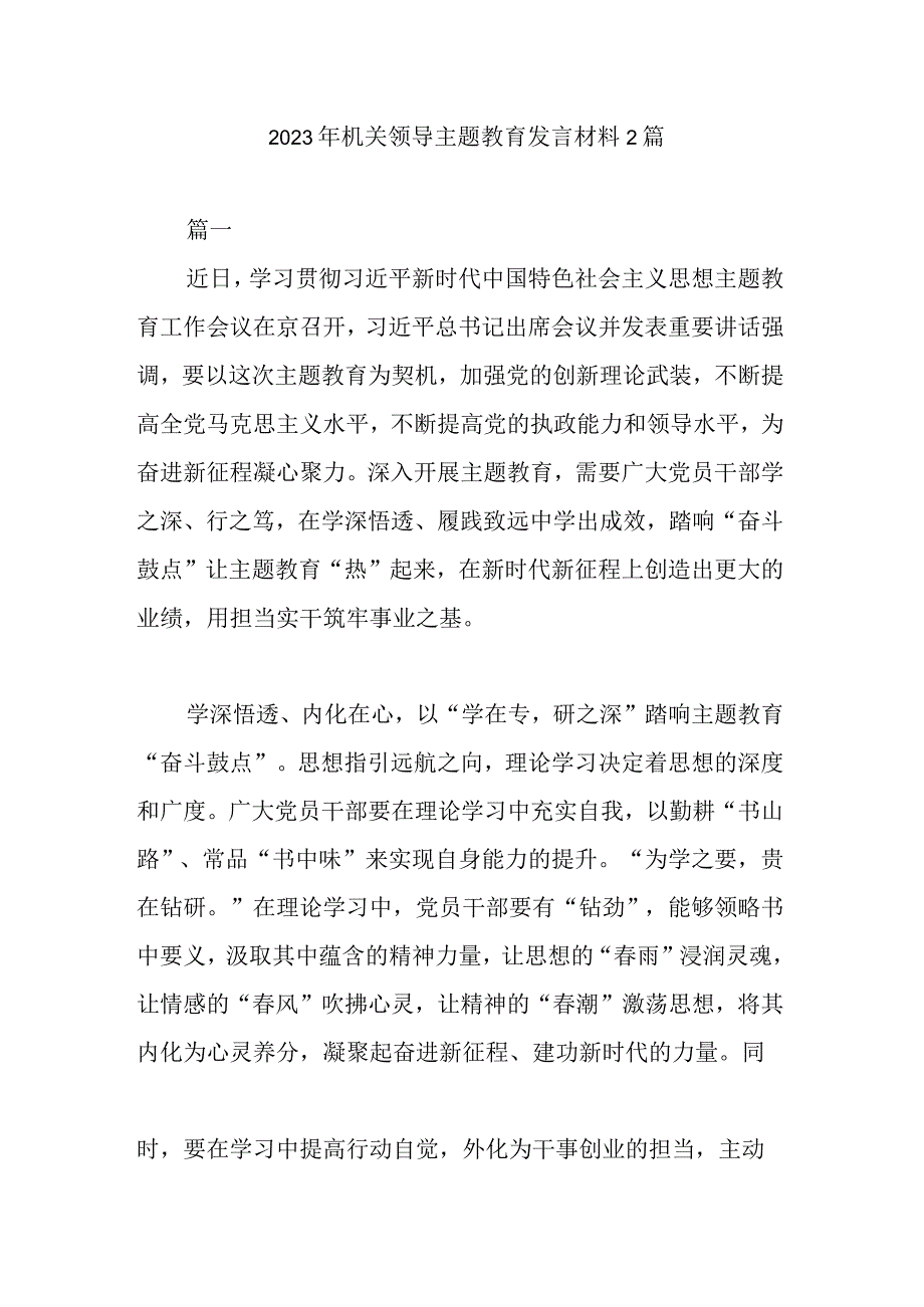 2023年机关领导主题教育发言材料2篇.docx_第1页