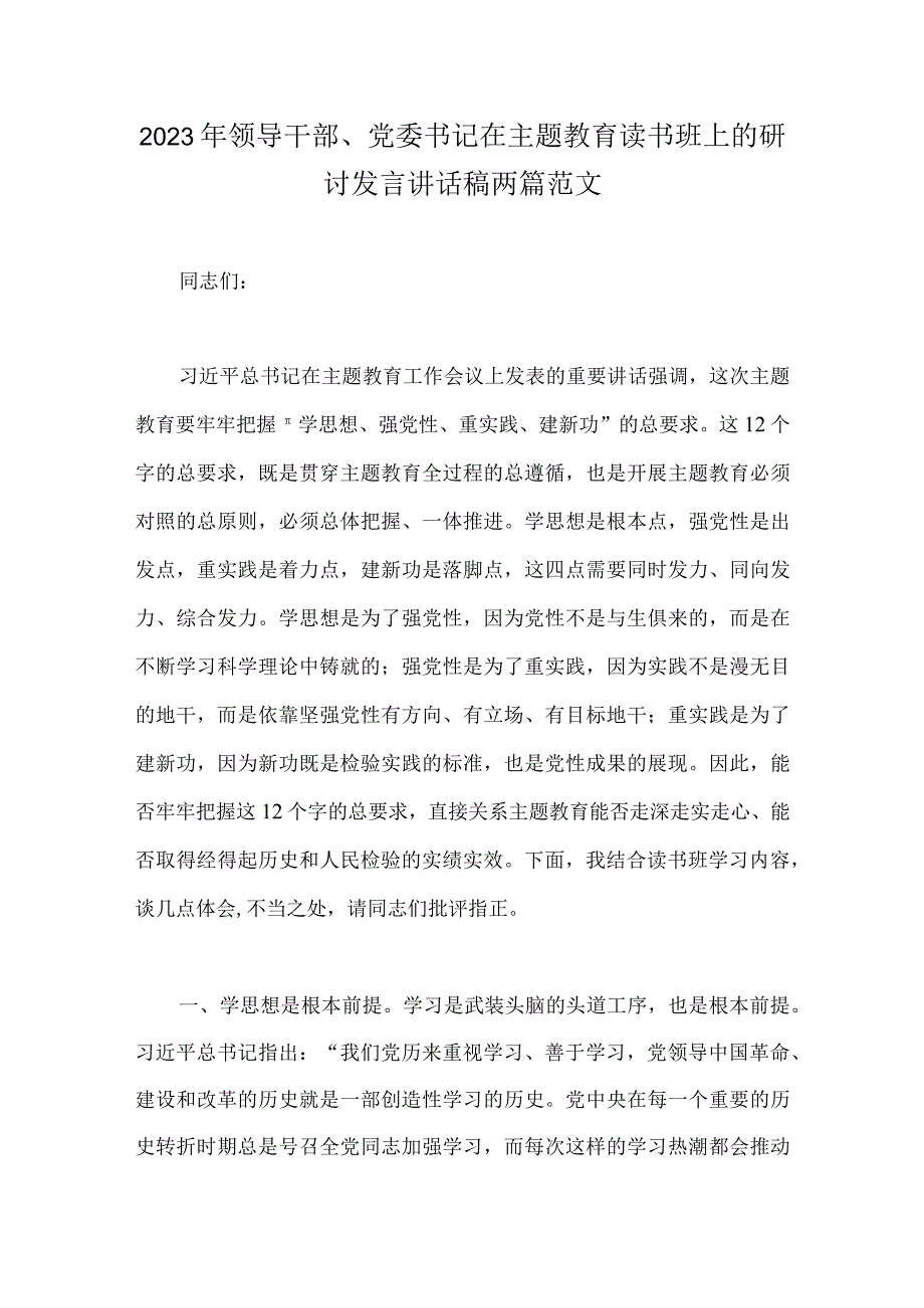 2023年领导干部党委书记在主题教育读书班上的研讨发言讲话稿两篇范文.docx_第1页