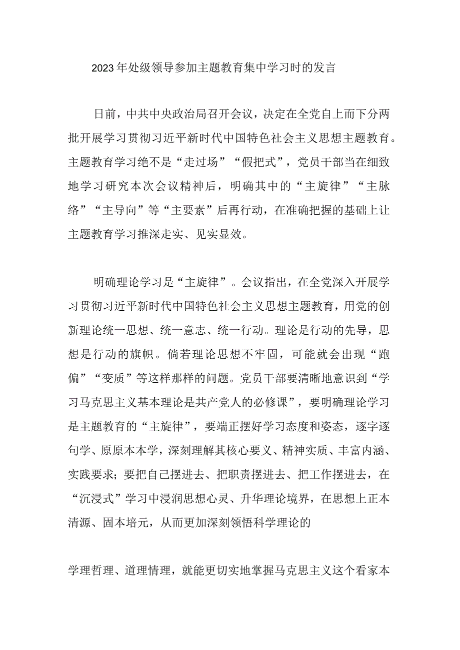 2023年处级领导参加主题教育集中学习时的发言.docx_第1页