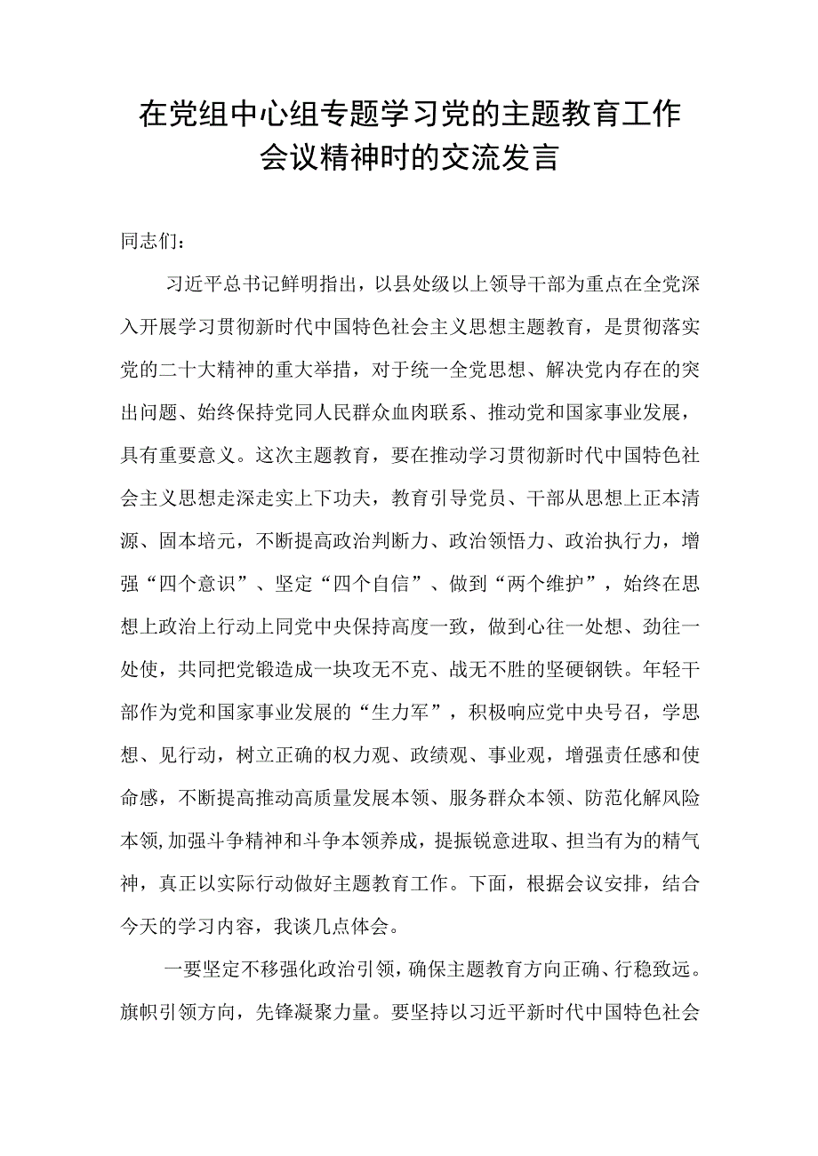 2023年在党组中心组专题学习党的主题教育工作会议精神时的交流发言和讲话提纲.docx_第2页