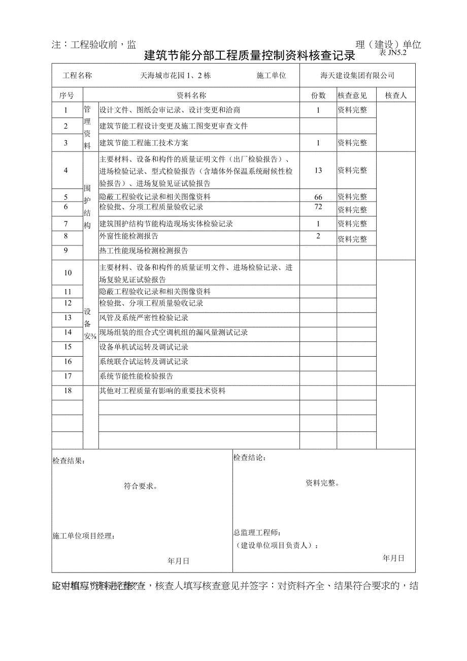 JN 52建筑节能分部工程质量控制资料核查记录.docx_第1页