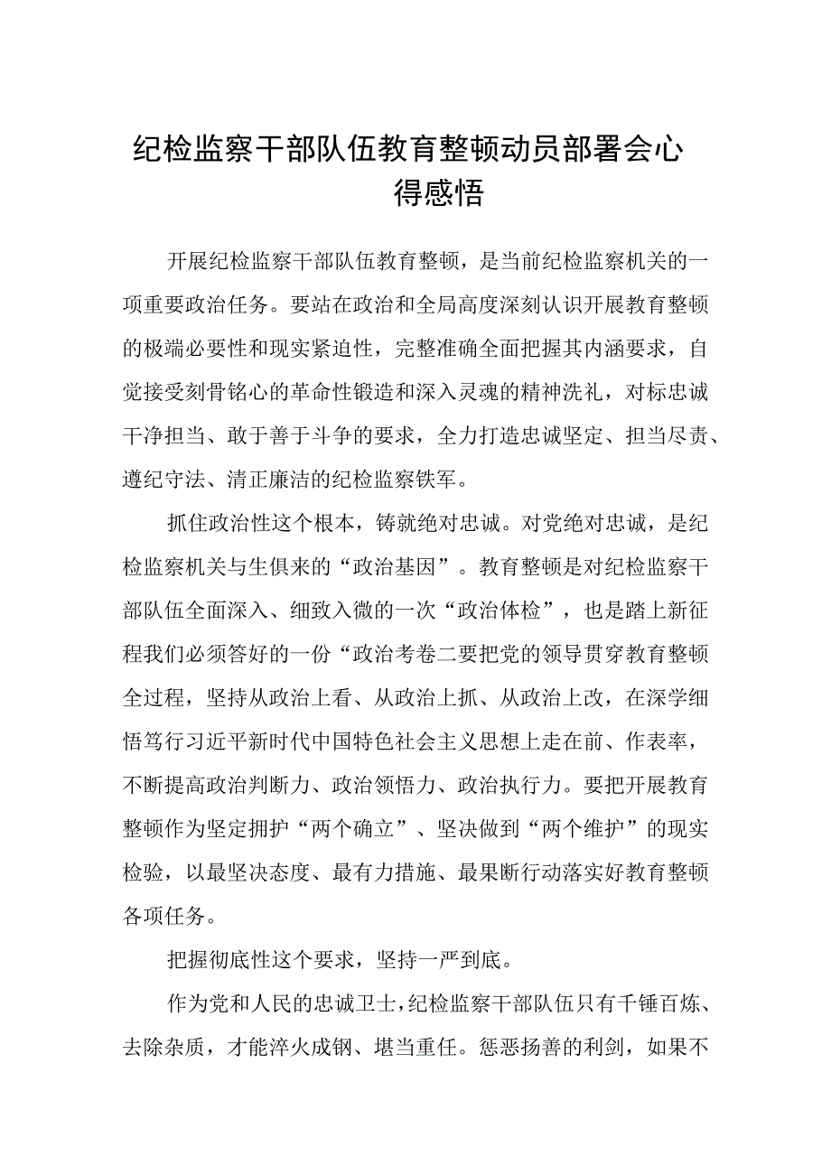 2023纪检监察干部队伍教育整顿动员部署会心得感悟参考范文三篇.docx_第1页