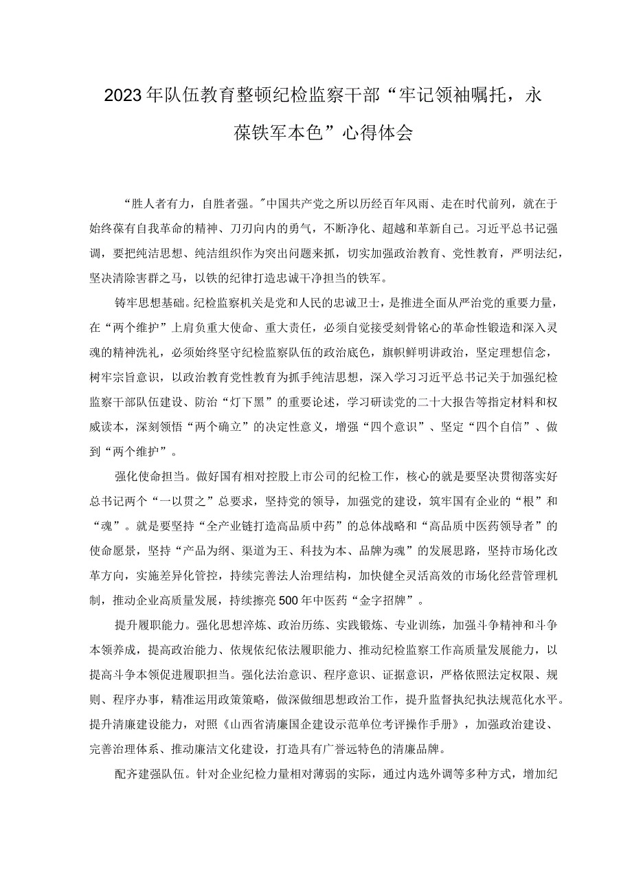 2023年队伍教育整顿纪检监察干部心得体会党课讲稿.docx_第1页