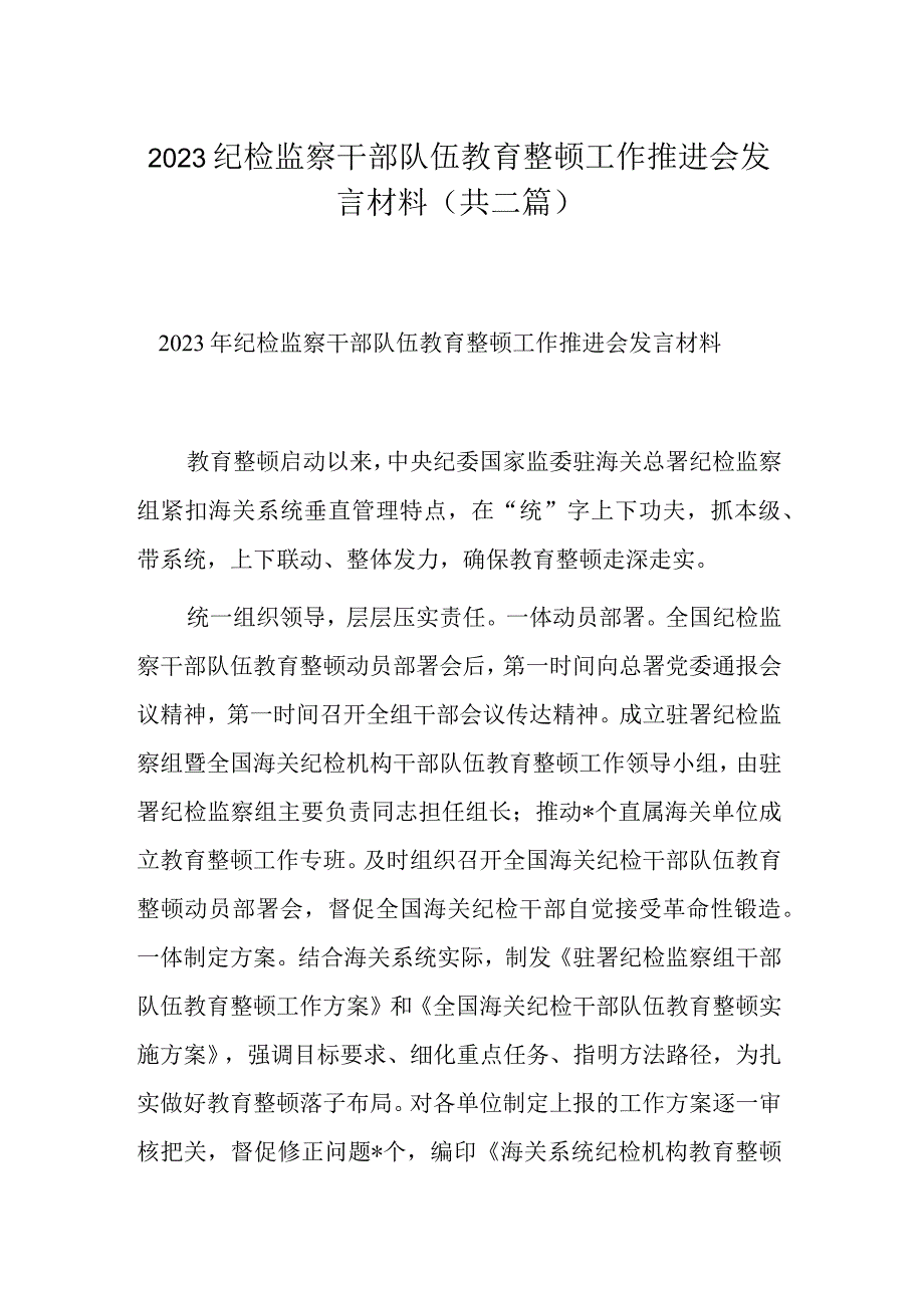 2023纪检监察干部队伍教育整顿工作推进会发言材料共二篇.docx_第1页