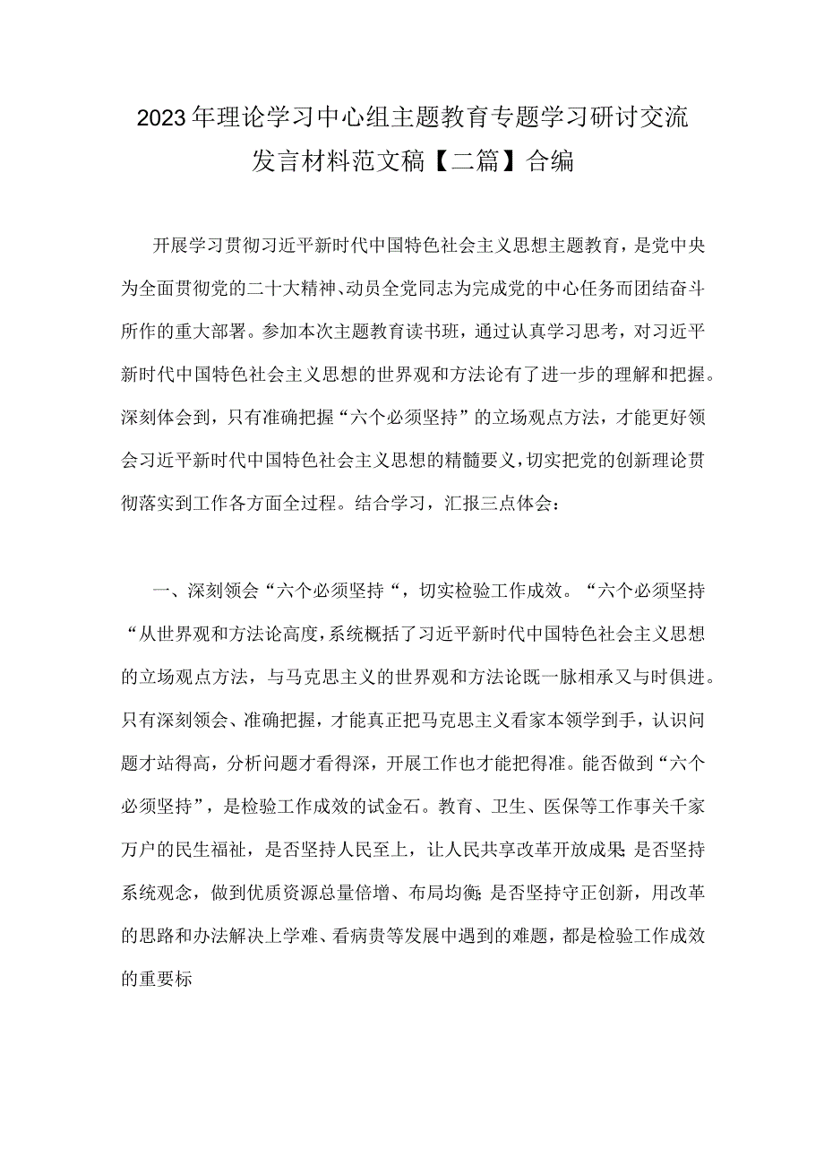 2023年理论学习中心组主题教育专题学习研讨交流发言材料范文稿二篇合编.docx_第1页