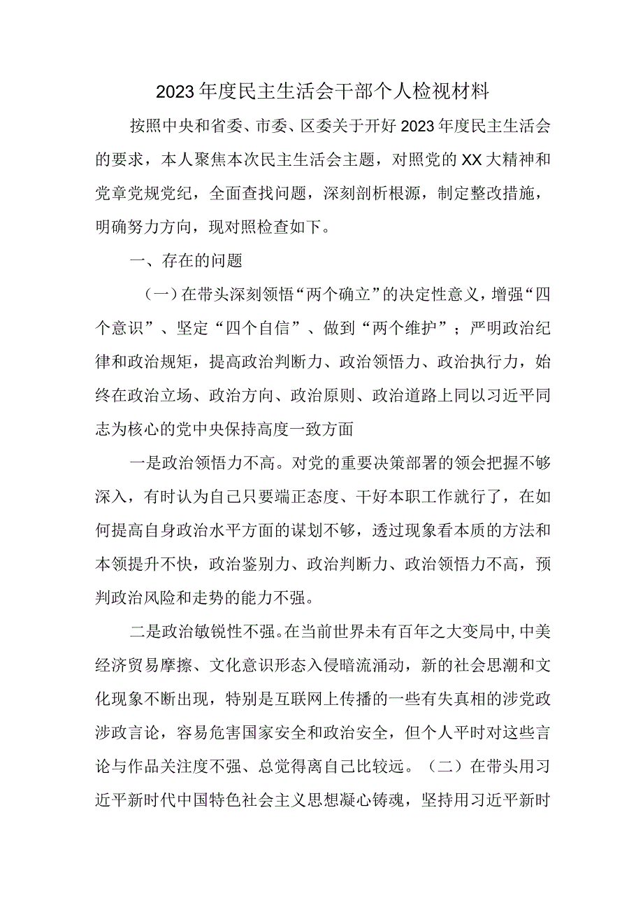 2023年度民主生活会干部个人检视材料.docx_第1页