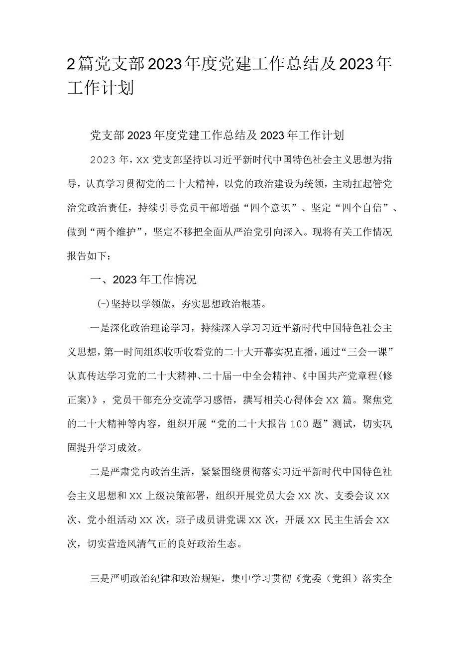 2篇党支部2023年度党建工作总结及2023年工作计划.docx_第1页