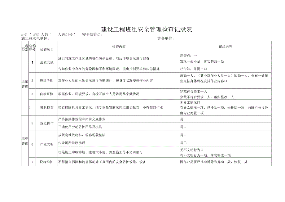 287 建设工程班组安全管理检查记录表.docx_第1页