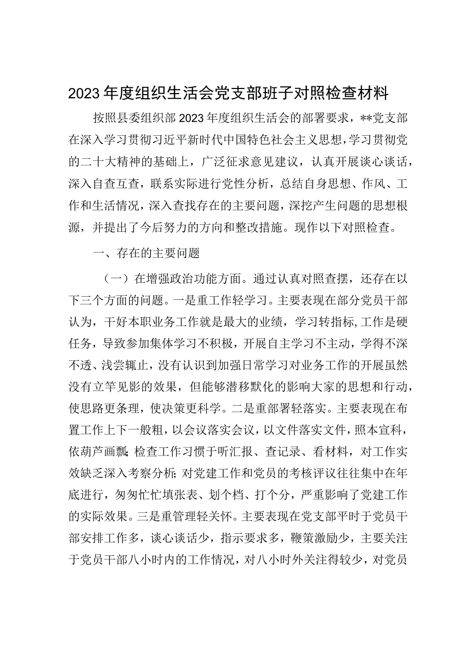 2023年度组织生活会党支部班子对照检查材料.docx_第1页