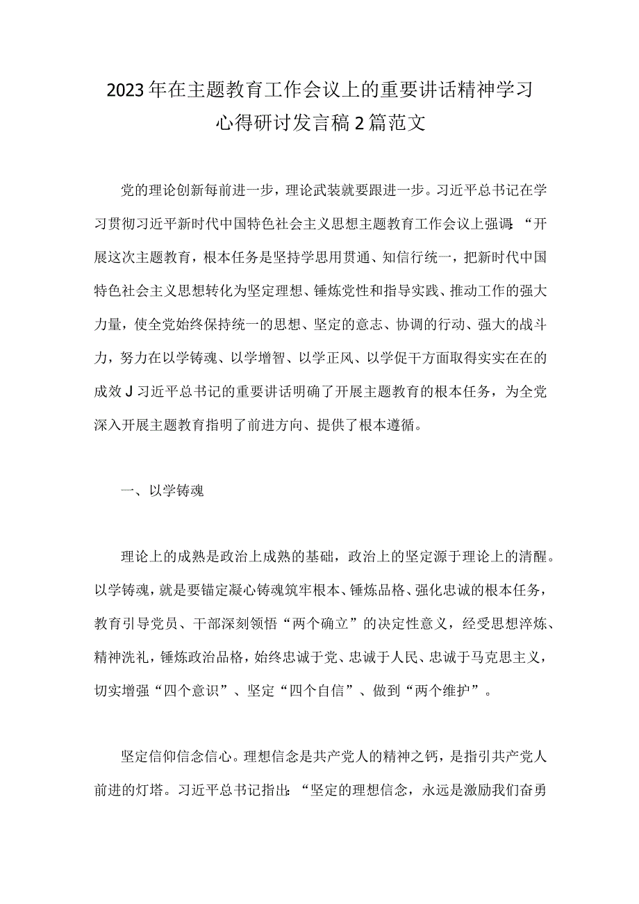 2023年在主题教育工作会议上的重要讲话精神学习心得研讨发言稿2篇范文.docx_第1页