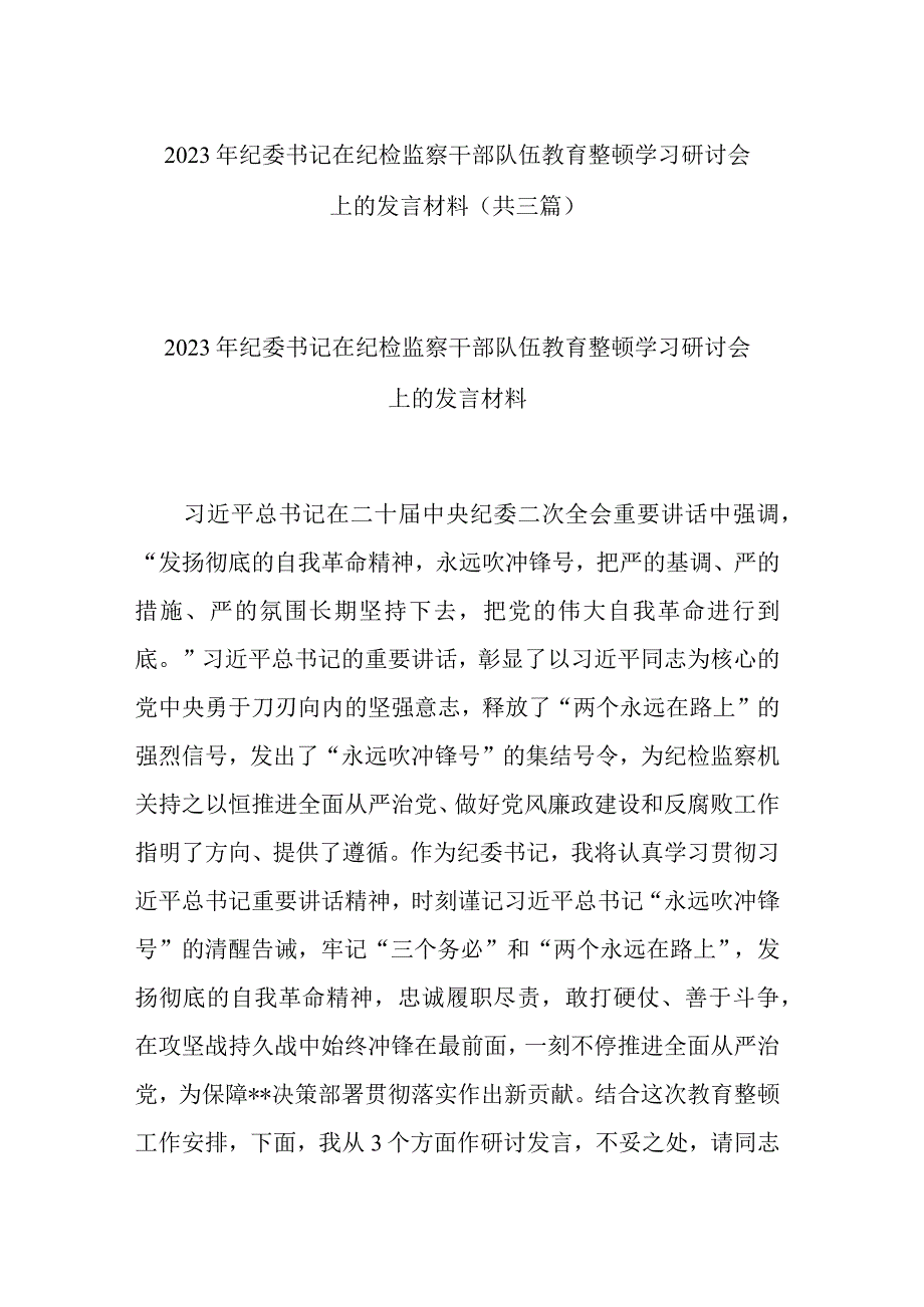 2023年纪委书记在纪检监察干部队伍教育整顿学习研讨会上的发言材料共三篇.docx_第1页