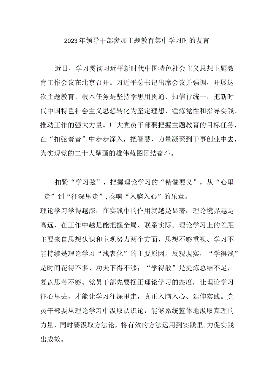 2023年领导干部参加主题教育集中学习时的发言.docx_第1页