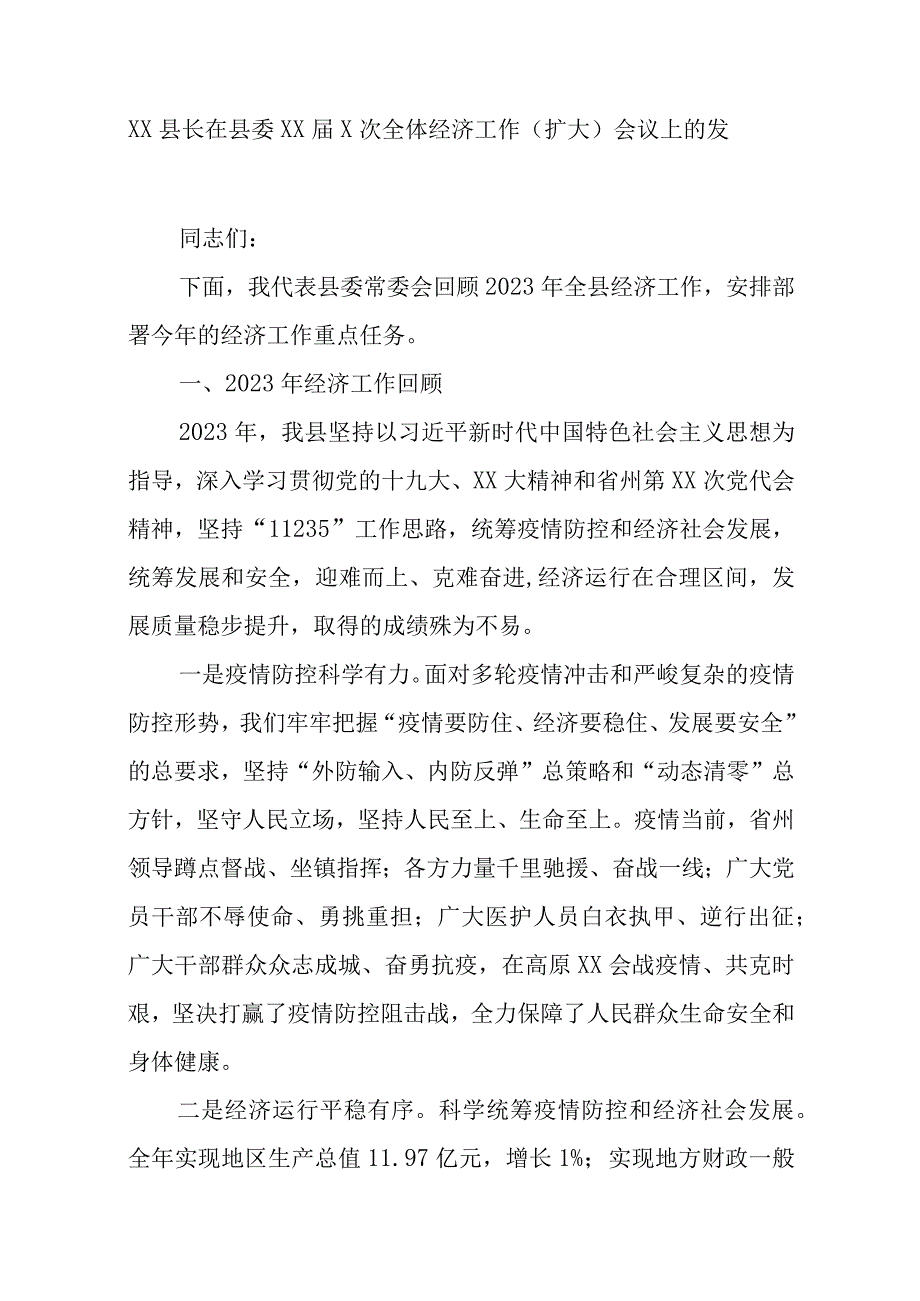 XX县长在县委XX届X次全体经济工作扩大会议上的发言精选.docx_第1页