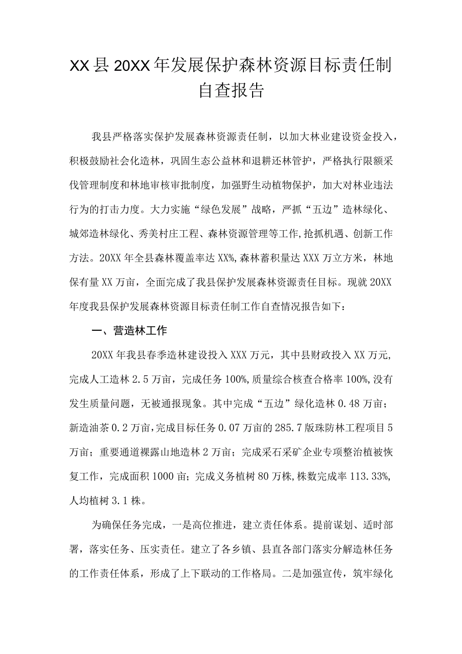 XX县20XX年发展保护森林资源目标责任制自查报告.docx_第1页