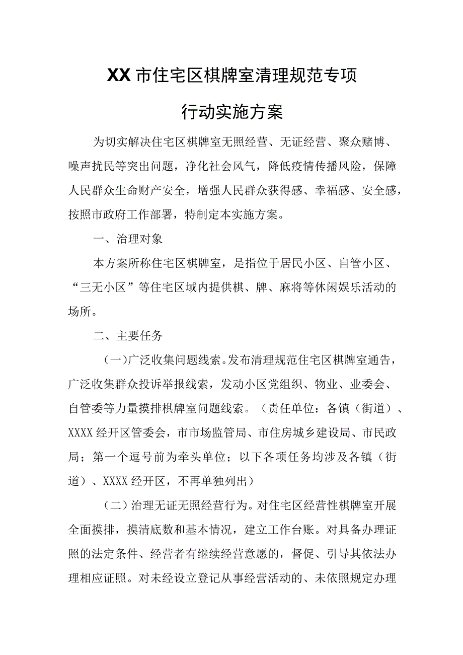 XX市住宅区棋牌室清理规范专项行动实施方案.docx_第1页