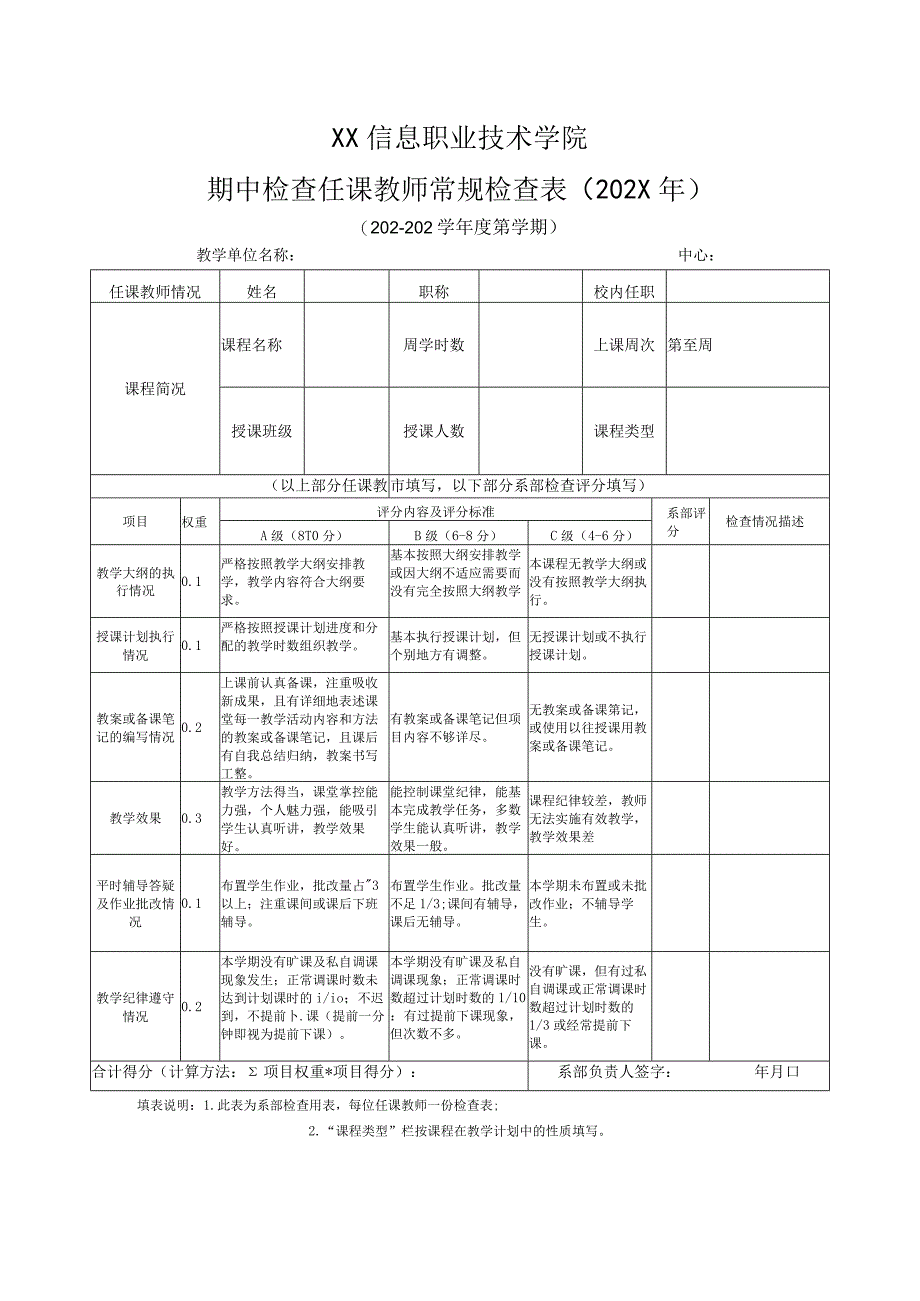 XX信息职业技术学院期中检查任课教师常规检查表202X年.docx_第1页