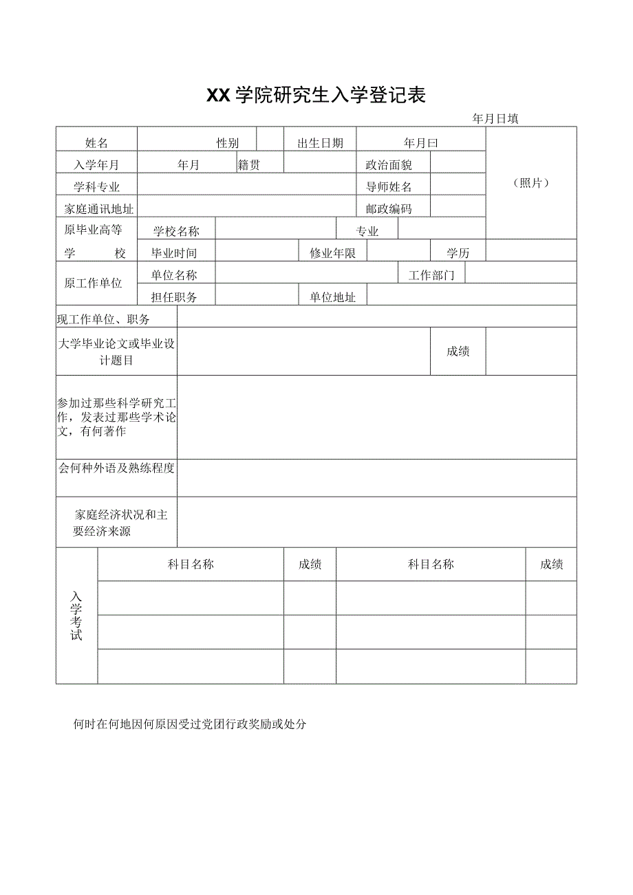 XX学院研究生入学登记表2023年模板范本.docx_第1页