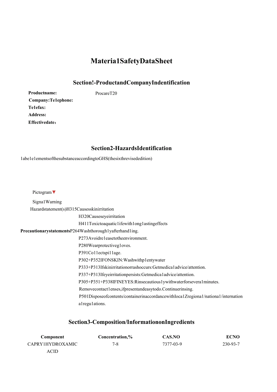 Procare T20GHS防腐剂英文版MSDS无动物测试.docx_第1页