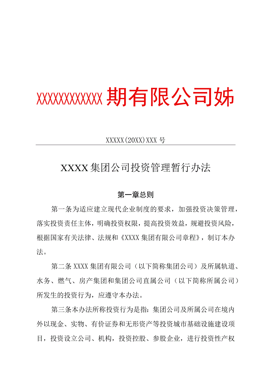 XX集团公司投资管理暂行办法专业完整模板.docx_第1页