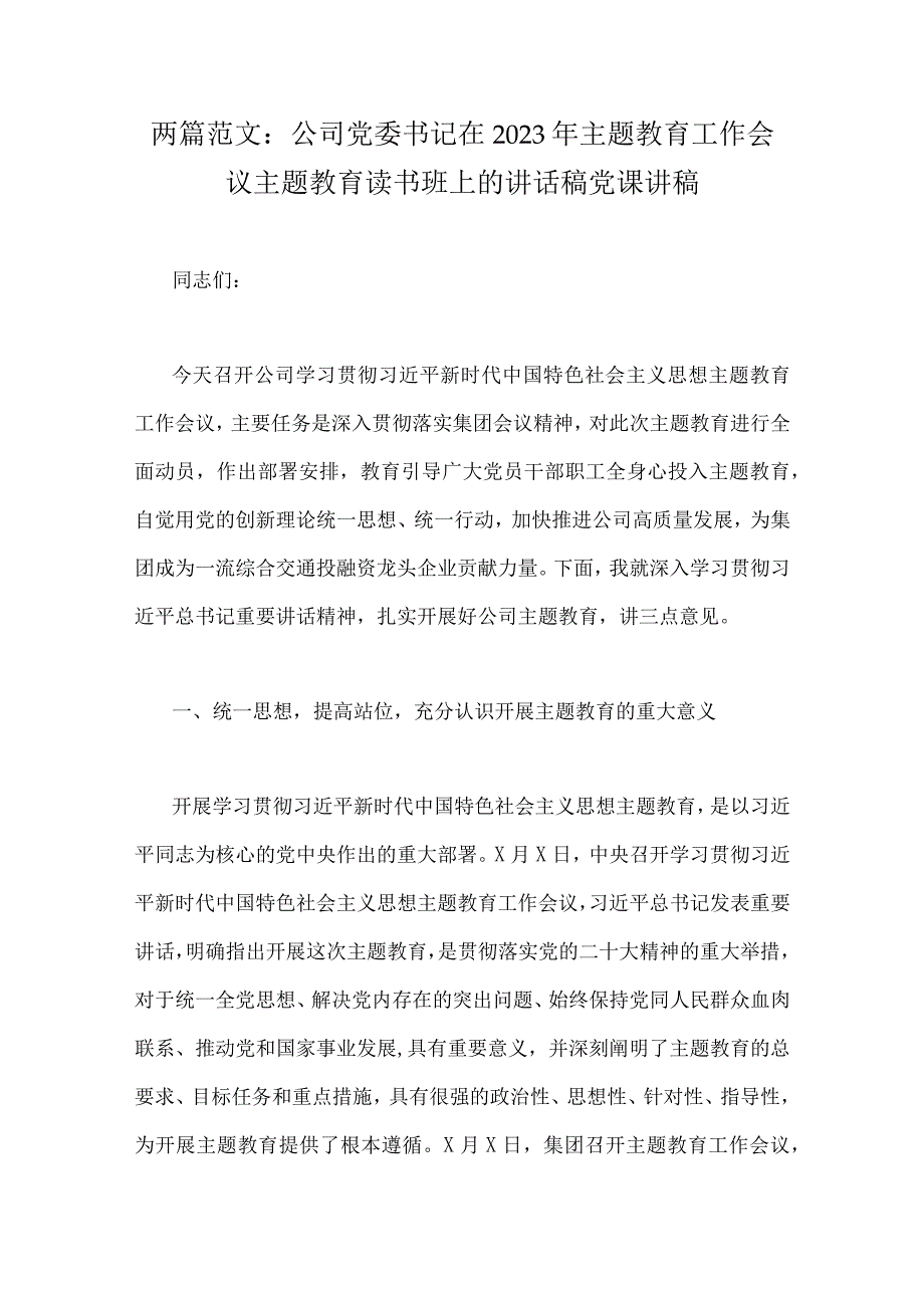 两篇范文：公司党委书记在2023年主题教育工作会议主题教育读书班上的讲话稿党课讲稿.docx_第1页