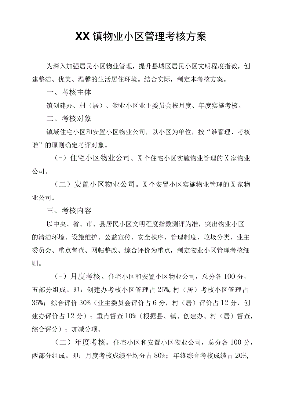 XX镇物业小区管理考核方案.docx_第1页